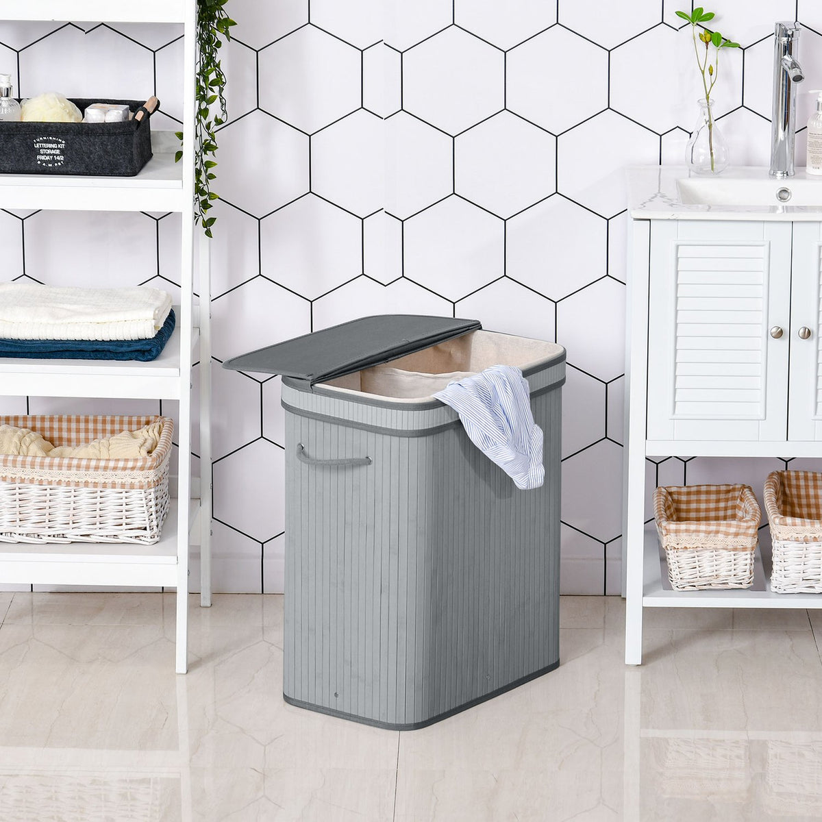 Laundry Basket 100L Laundry Hamper with Lid, Folding Removable Lining, Laundry Box for Bathroom, 52 x 32 x 63 cm, Gray