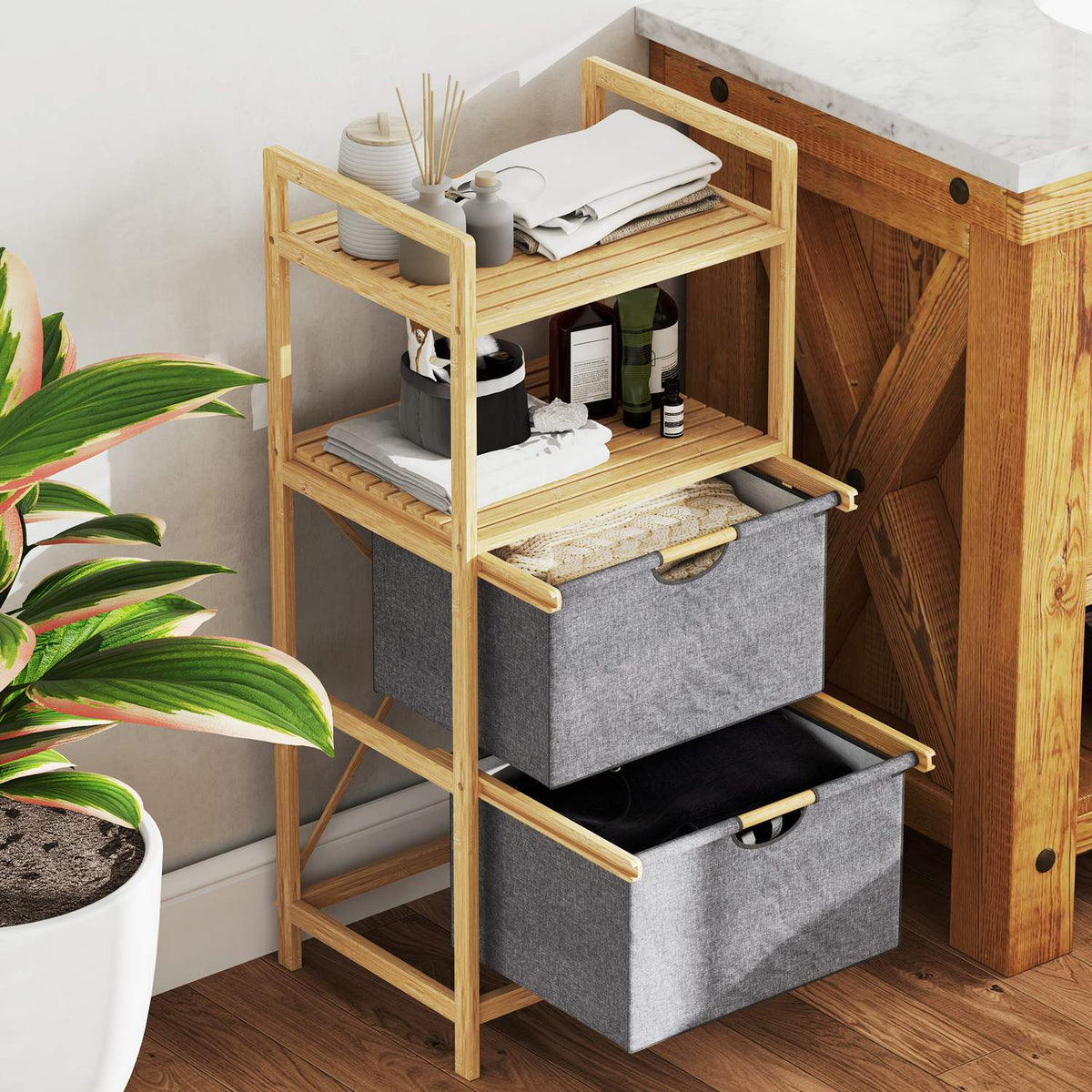 Laundry Basket 35.4 L Laundry Hamper with 2 Fabric Laundry Baskets Open Shelves Laundry Box with Handle for Bathroom Bamboo Natural