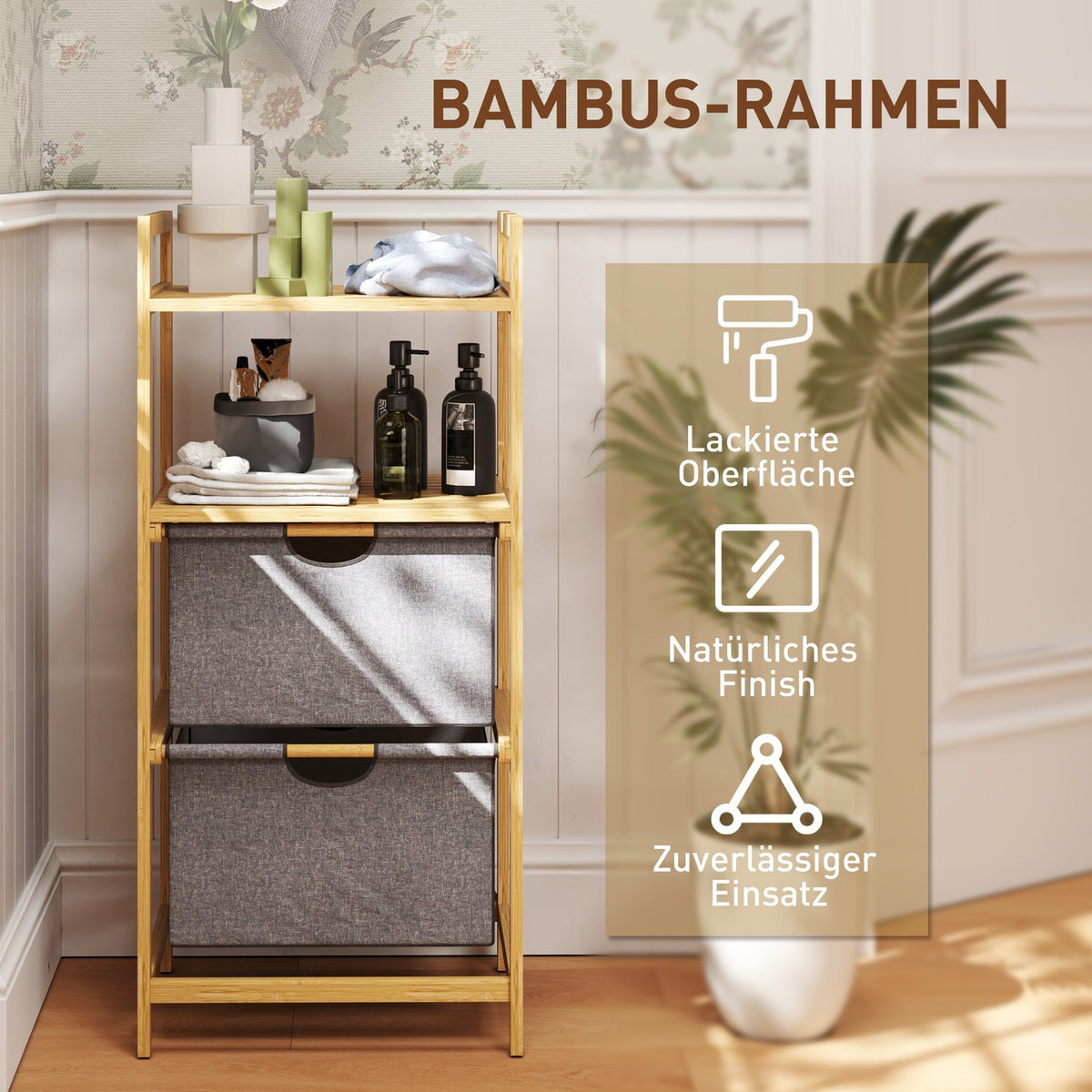 Laundry Basket 35.4 L Laundry Hamper with 2 Fabric Laundry Baskets Open Shelves Laundry Box with Handle for Bathroom Bamboo Natural