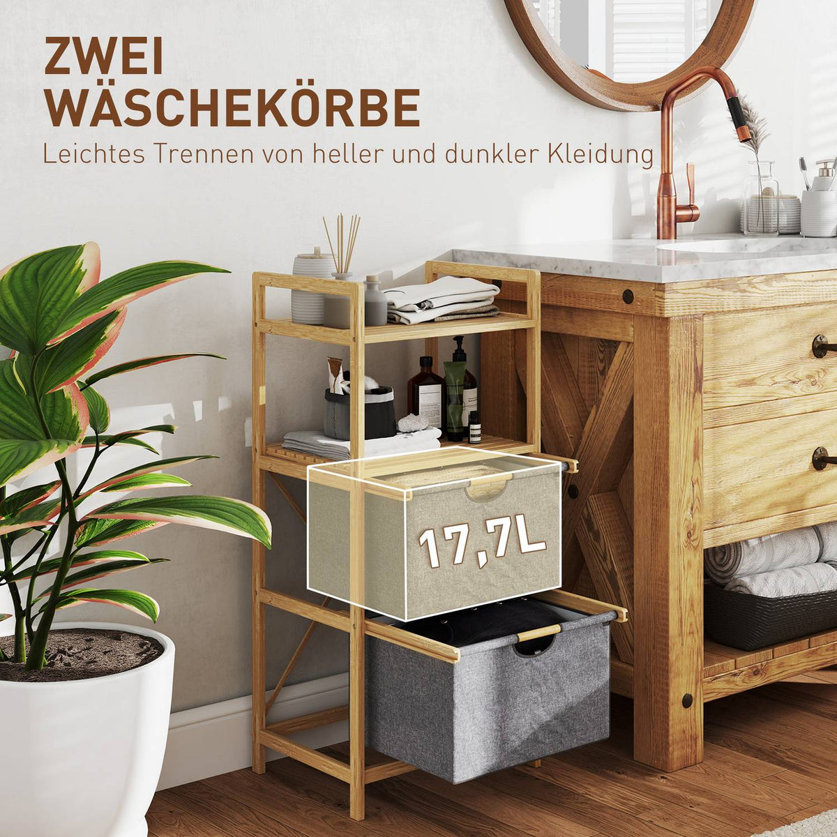 Laundry Basket 35.4 L Laundry Hamper with 2 Fabric Laundry Baskets Open Shelves Laundry Box with Handle for Bathroom Bamboo Natural