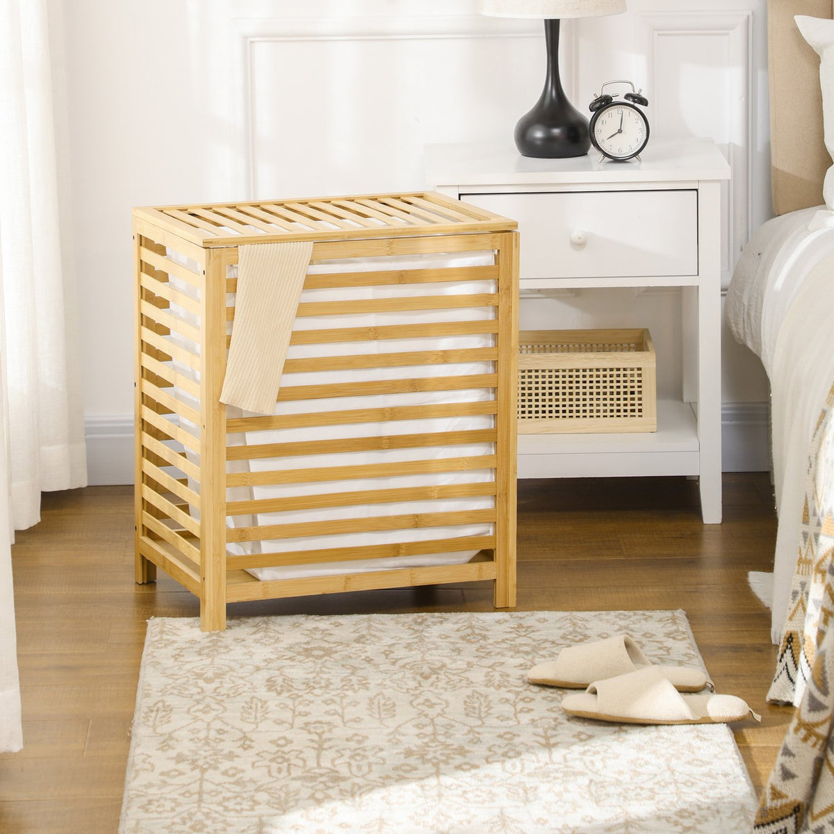 Laundry Basket 55L Bamboo Laundry Chest With Lid & Removable Laundry Bag For Bedroom, Bathroom, Natural, 50X36X60Cm