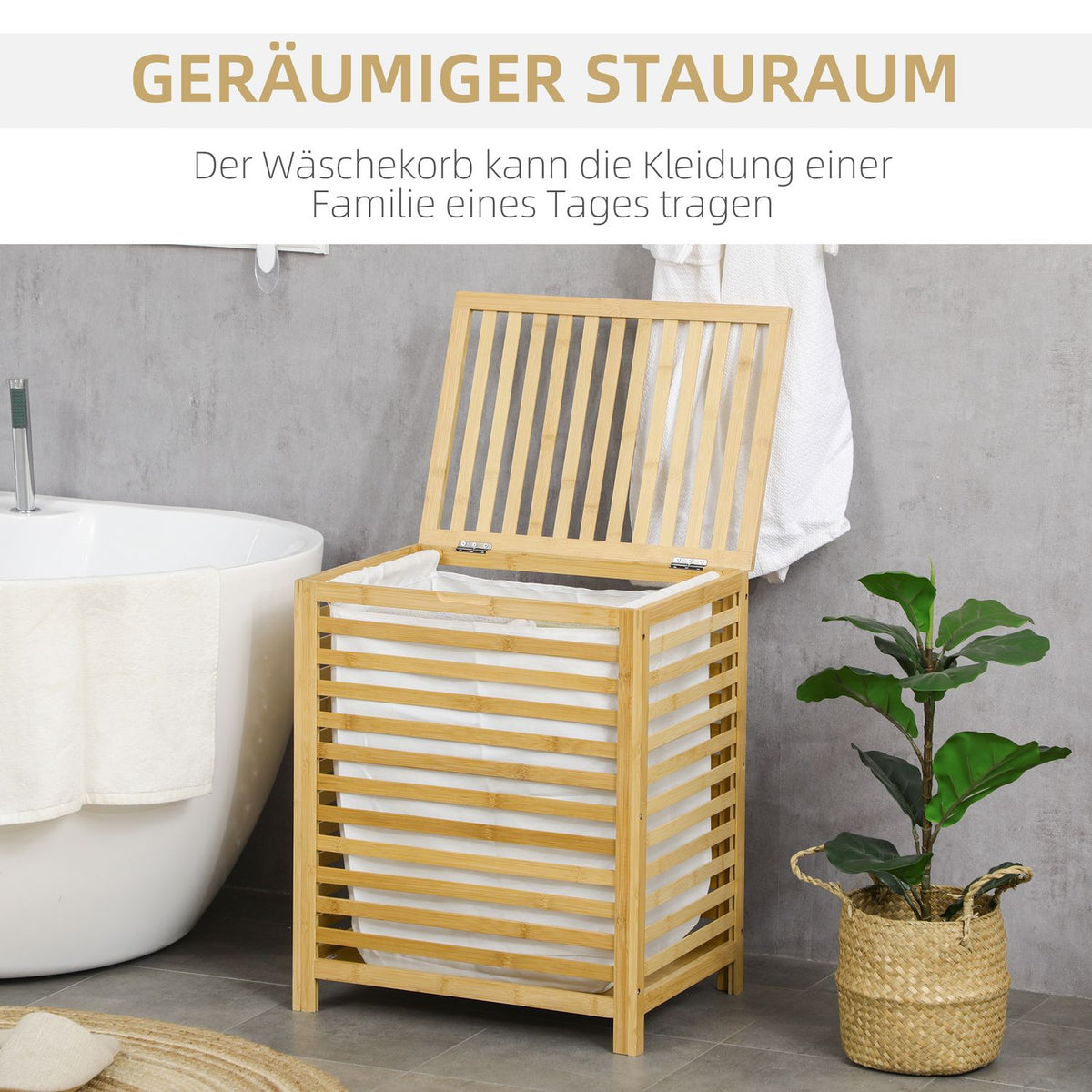 Laundry Basket 55L Bamboo Laundry Chest With Lid & Removable Laundry Bag For Bedroom, Bathroom, Natural, 50X36X60Cm