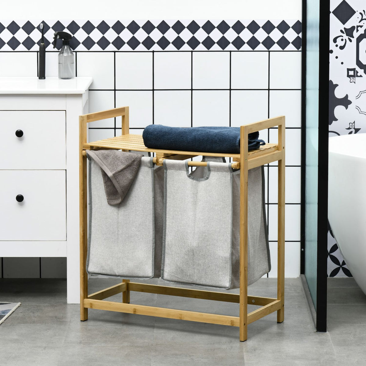 Laundry Basket 81.2 L Laundry Box with 2 Removable Laundry Bags, Laundry Hamper with Platform, Handle, for Bathroom, Bamboo, Natural