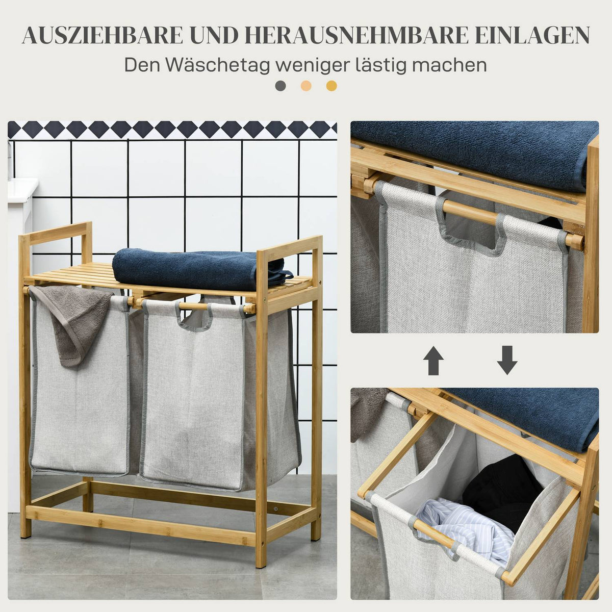 Laundry Basket 81.2 L Laundry Box with 2 Removable Laundry Bags, Laundry Hamper with Platform, Handle, for Bathroom, Bamboo, Natural