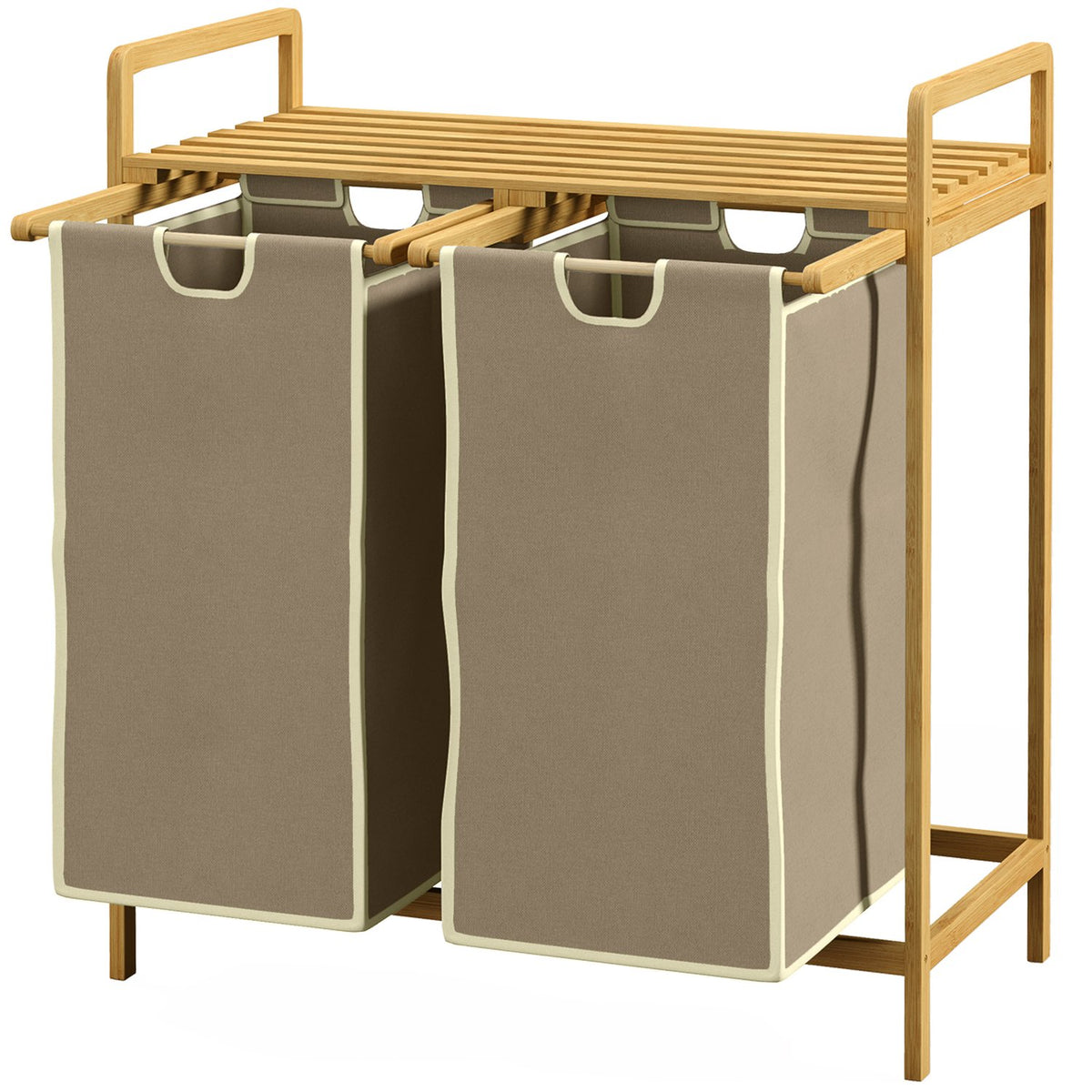 Laundry Basket Laundry Box With 2 Removable Laundry Bags Laundry Hamper For Bathroom Bamboo Cream 63.5 X 33 X 73 Cm
