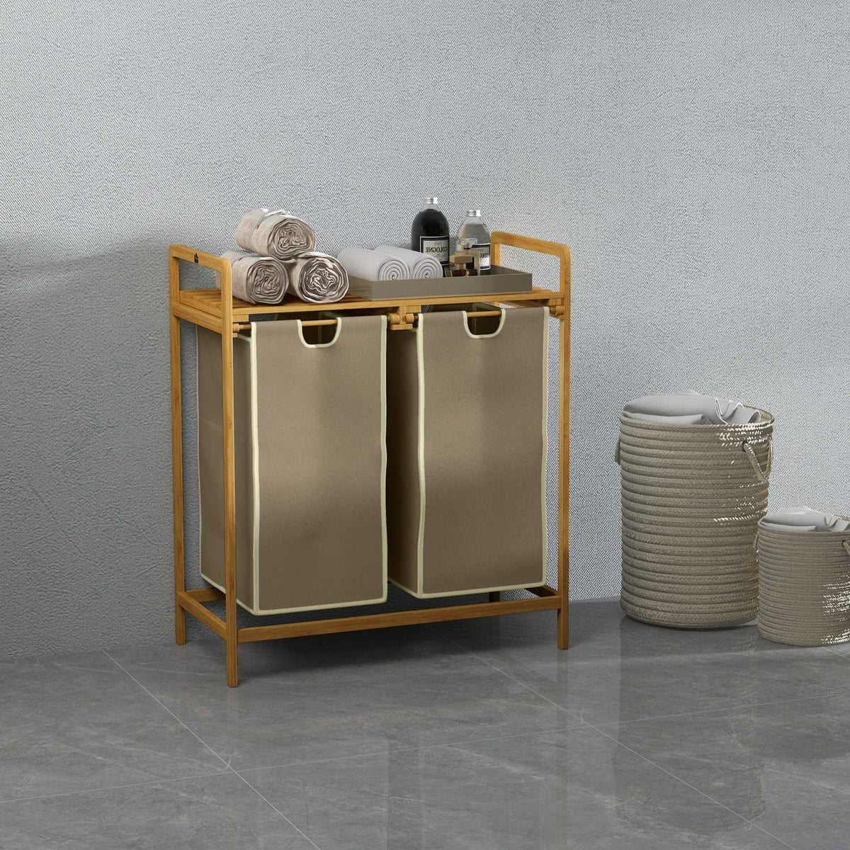 Laundry Basket Laundry Box With 2 Removable Laundry Bags Laundry Hamper For Bathroom Bamboo Cream 63.5 X 33 X 73 Cm