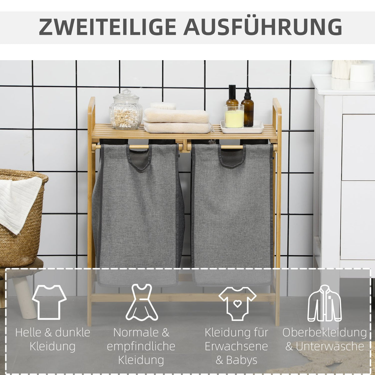 Laundry Basket Laundry Box With 2 Removable Laundry Bags Laundry Hamper With Platform For Bathroom Bamboo Gray + Natural