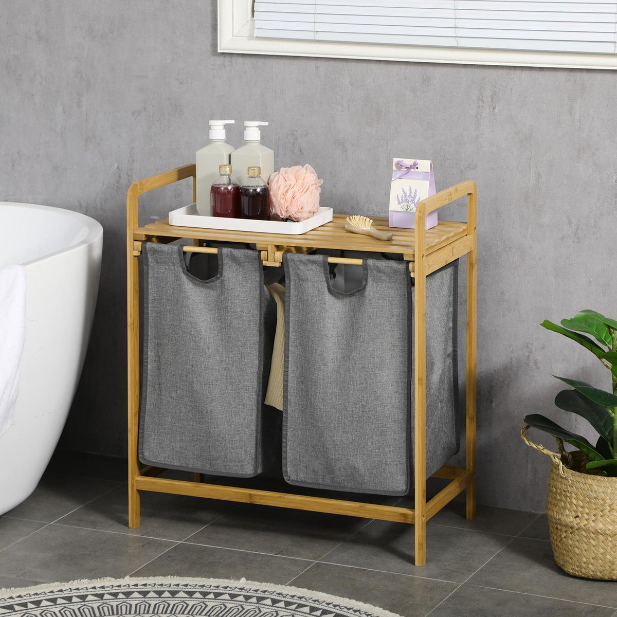 Laundry Basket Laundry Box With 2 Removable Laundry Bags Laundry Hamper With Platform For Bathroom Bamboo Gray + Natural