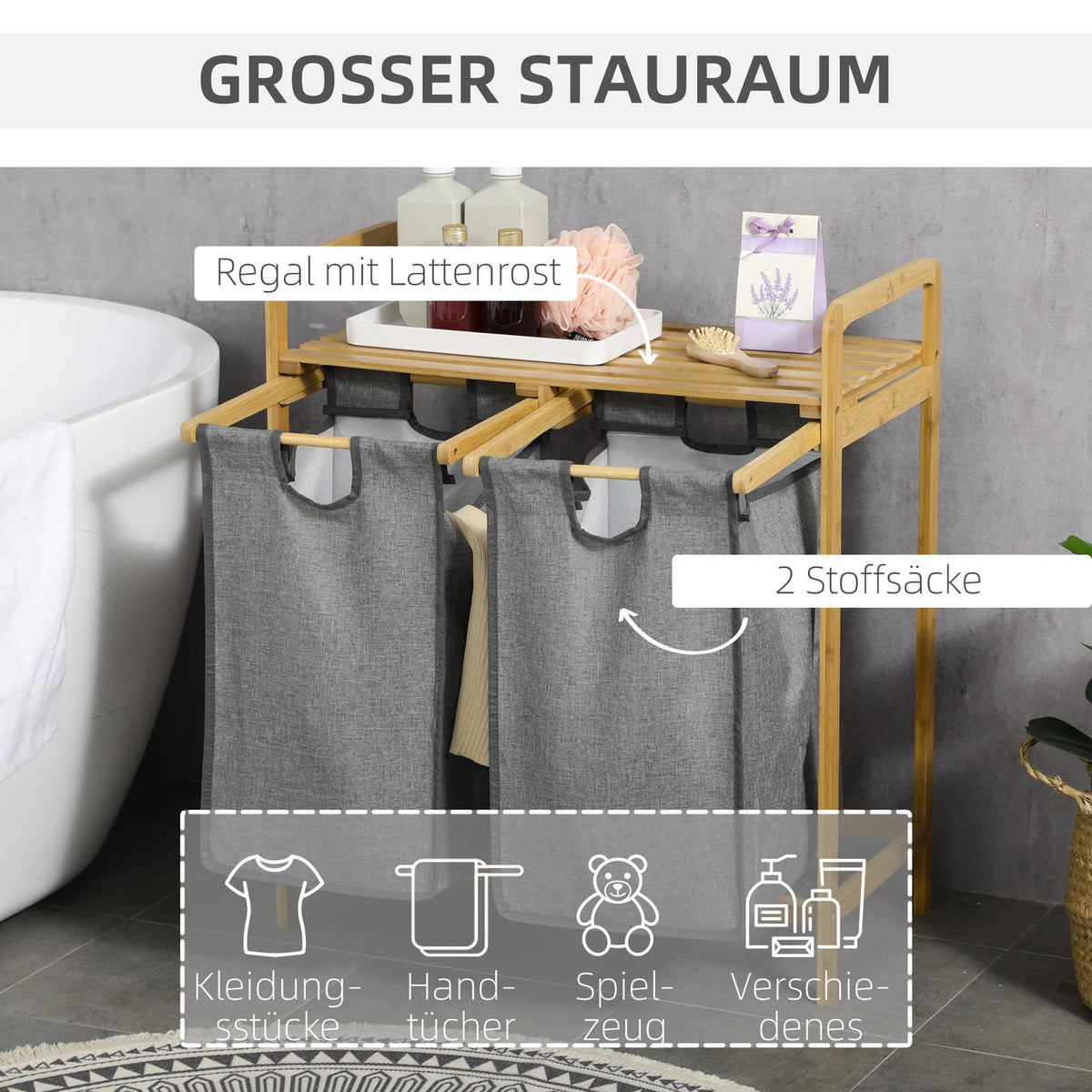 Laundry Basket Laundry Box With 2 Removable Laundry Bags Laundry Hamper With Platform For Bathroom Bamboo Gray + Natural