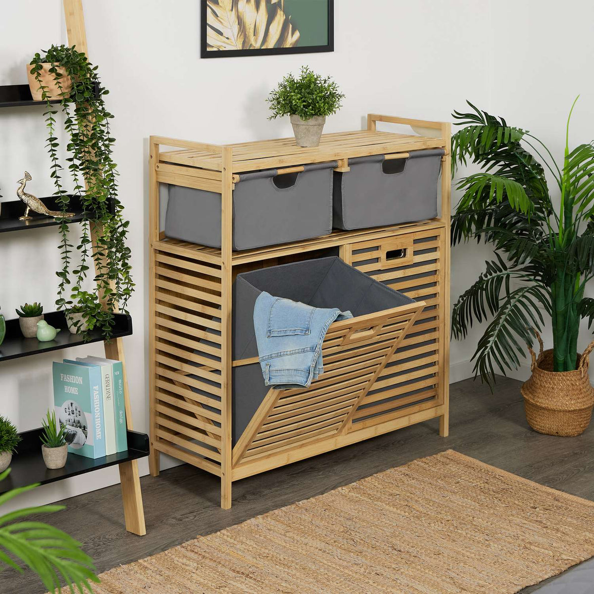 Laundry Basket Rack with 2 Fabric Drawers, Bamboo Shelf