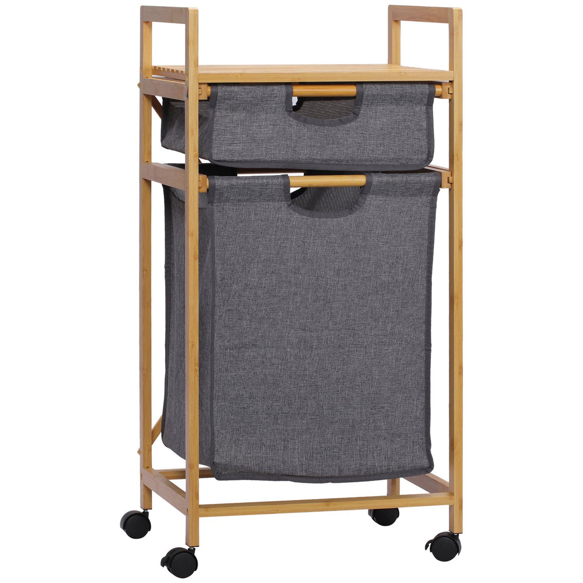 Laundry Basket With 2 Fabric Bags, Bamboo Laundry Box On Wheels, Laundry Basket, Storage Basket, Natural Wood + Gray, 42X35X84.5Cm