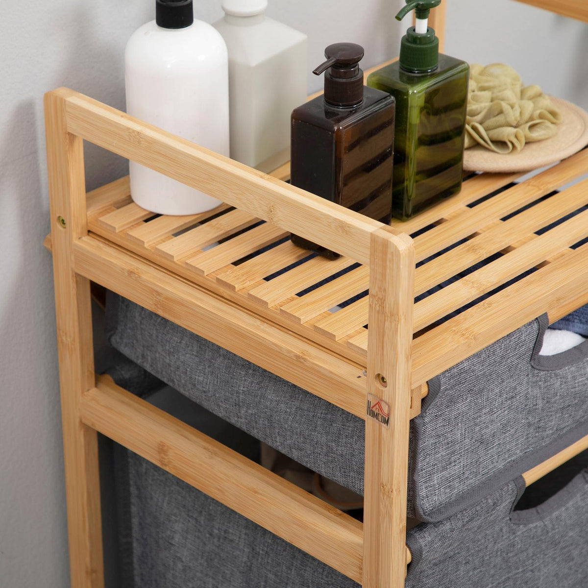 Laundry Basket With 2 Fabric Bags, Bamboo Laundry Box On Wheels, Laundry Basket, Storage Basket, Natural Wood + Gray, 42X35X84.5Cm