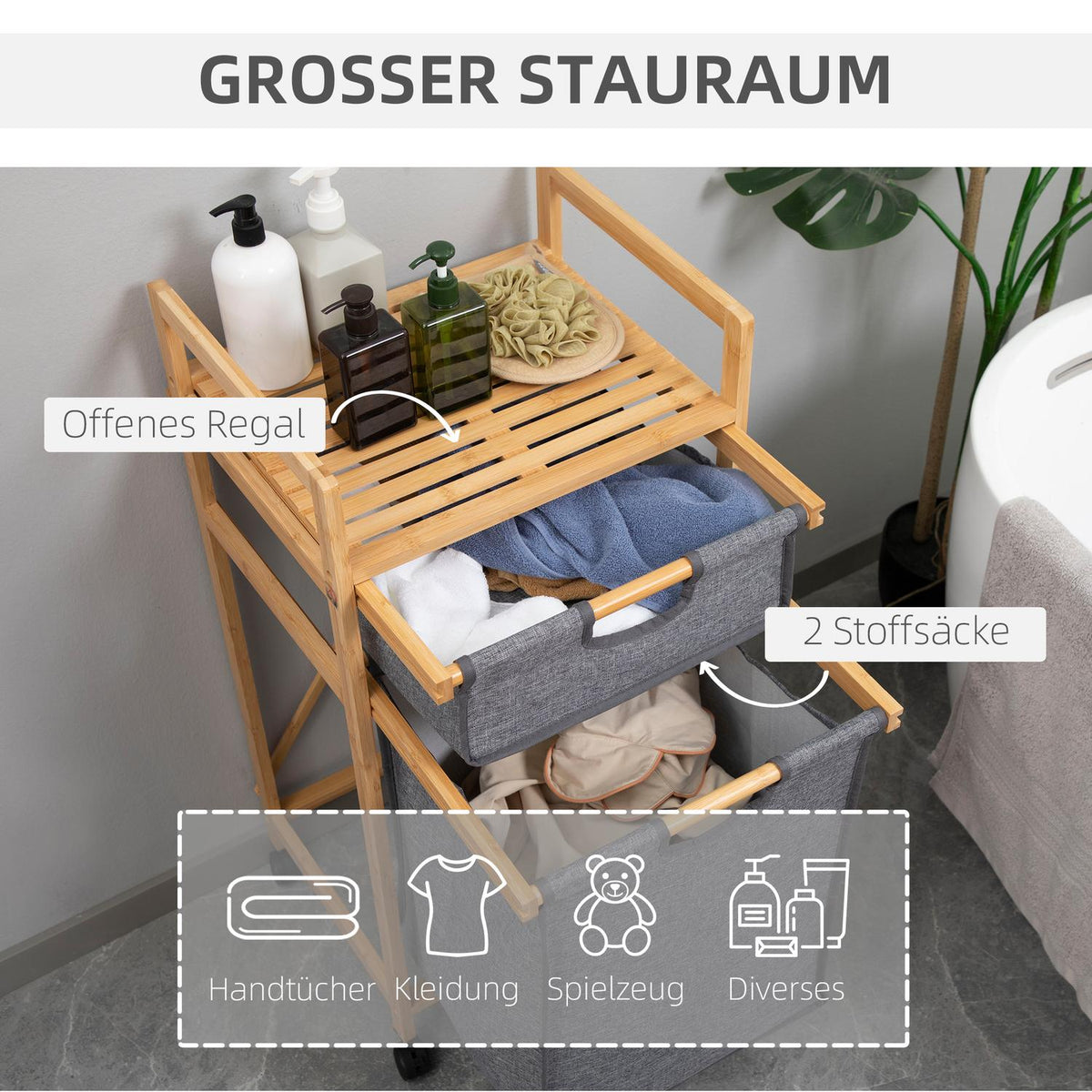 Laundry Basket With 2 Fabric Bags, Bamboo Laundry Box On Wheels, Laundry Basket, Storage Basket, Natural Wood + Gray, 42X35X84.5Cm