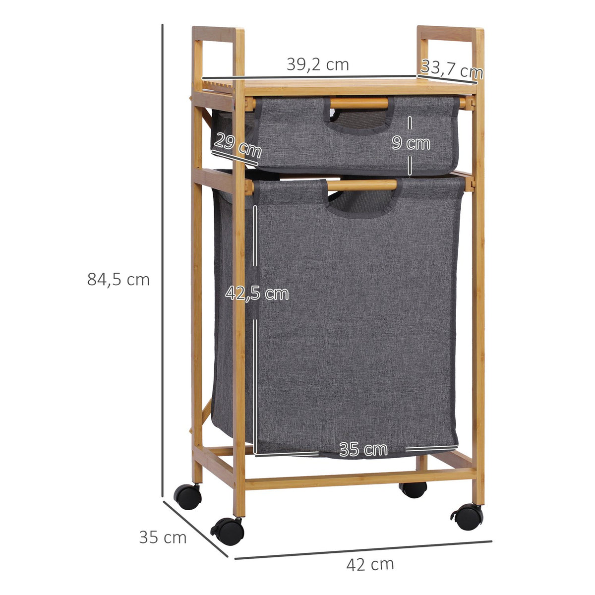 Laundry Basket With 2 Fabric Bags, Bamboo Laundry Box On Wheels, Laundry Basket, Storage Basket, Natural Wood + Gray, 42X35X84.5Cm