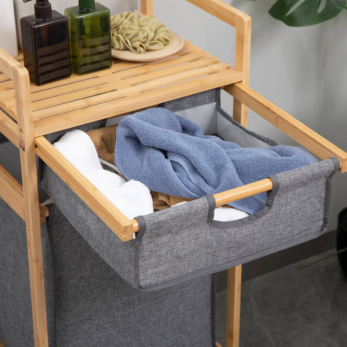 Laundry Basket With 2 Fabric Bags, Bamboo Laundry Box On Wheels, Laundry Basket, Storage Basket, Natural Wood + Gray, 42X35X84.5Cm