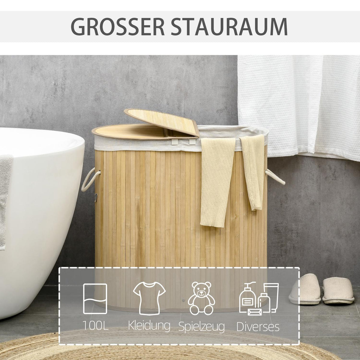 Laundry Basket With Lid, 2 Sections, Removable Laundry Sorter, Natural Bamboo, For Laundry Organization