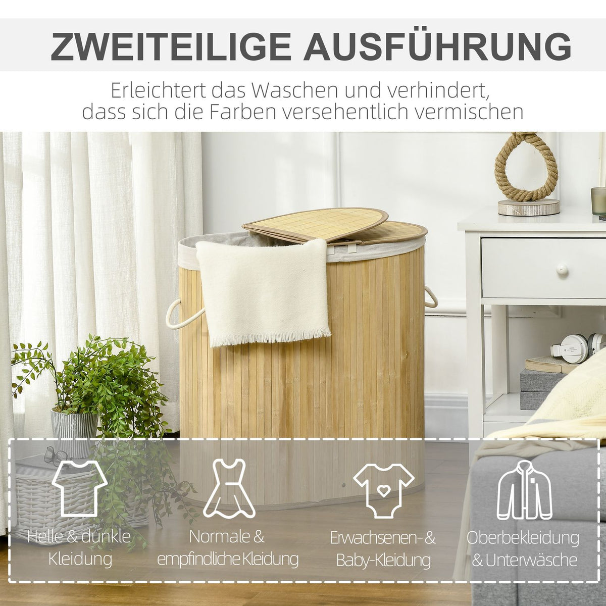 Laundry Basket With Lid, 2 Sections, Removable Laundry Sorter, Natural Bamboo, For Laundry Organization