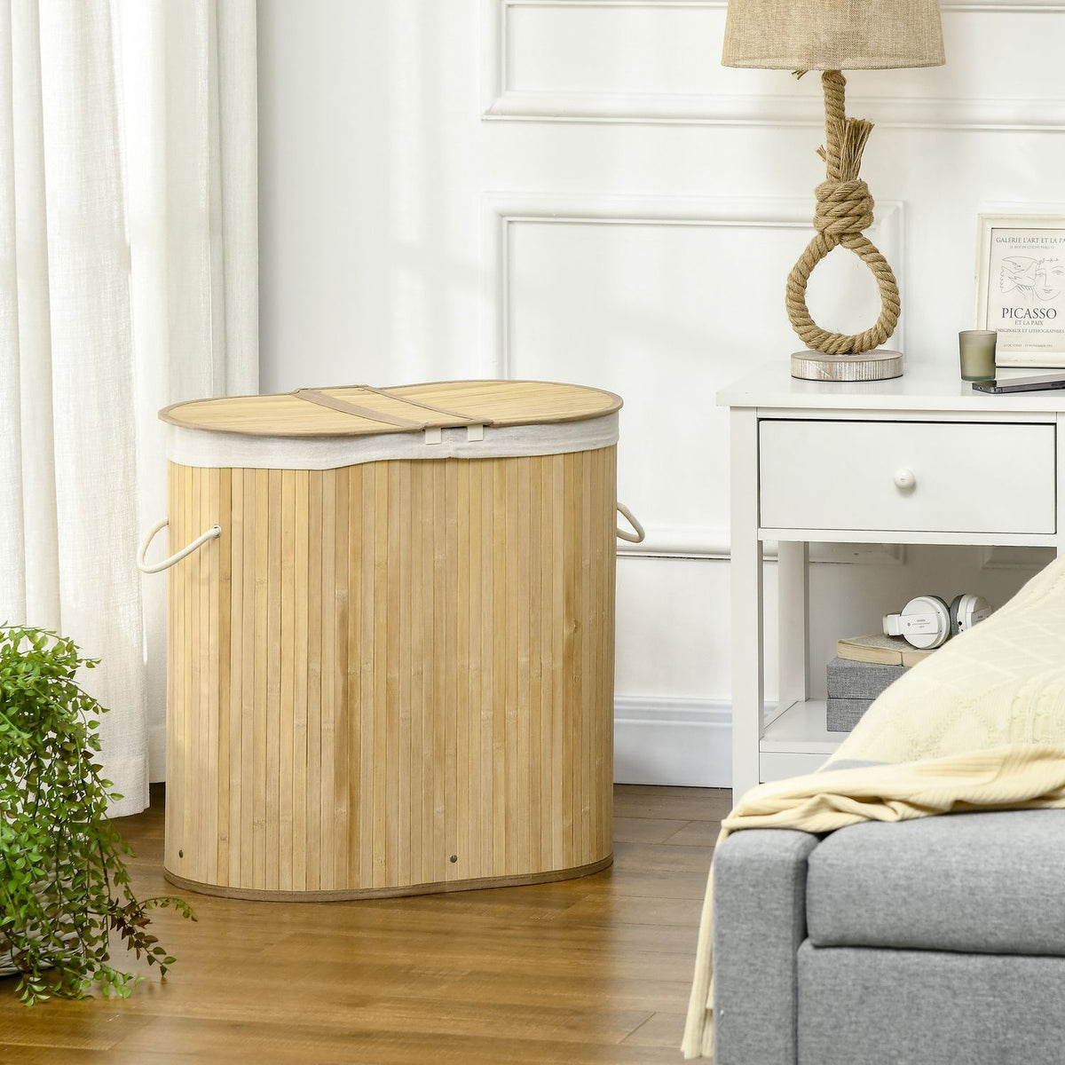 Laundry Basket With Lid, 2 Sections, Removable Laundry Sorter, Natural Bamboo, For Laundry Organization