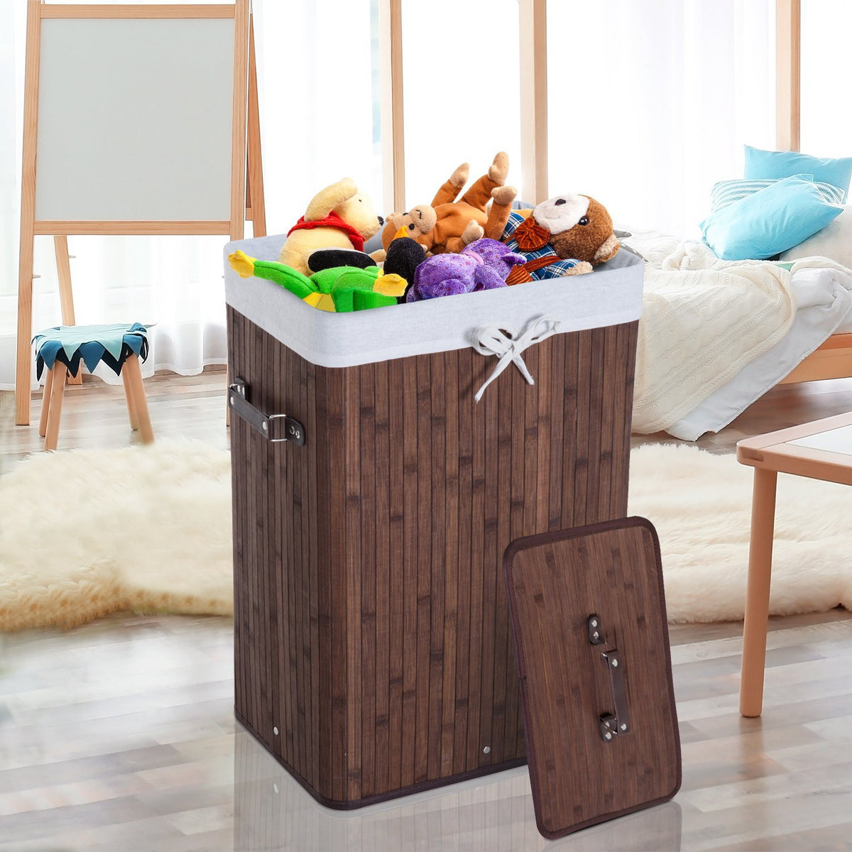 Laundry Basket With Lid 72L Laundry Hamper Foldable Washable Laundry Bag Bamboo With Handles Dark Brown 40X30X60Cm