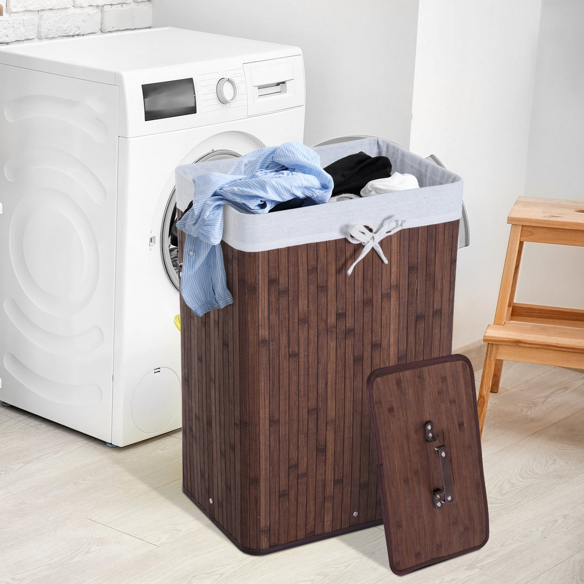Laundry Basket With Lid 72L Laundry Hamper Foldable Washable Laundry Bag Bamboo With Handles Dark Brown 40X30X60Cm