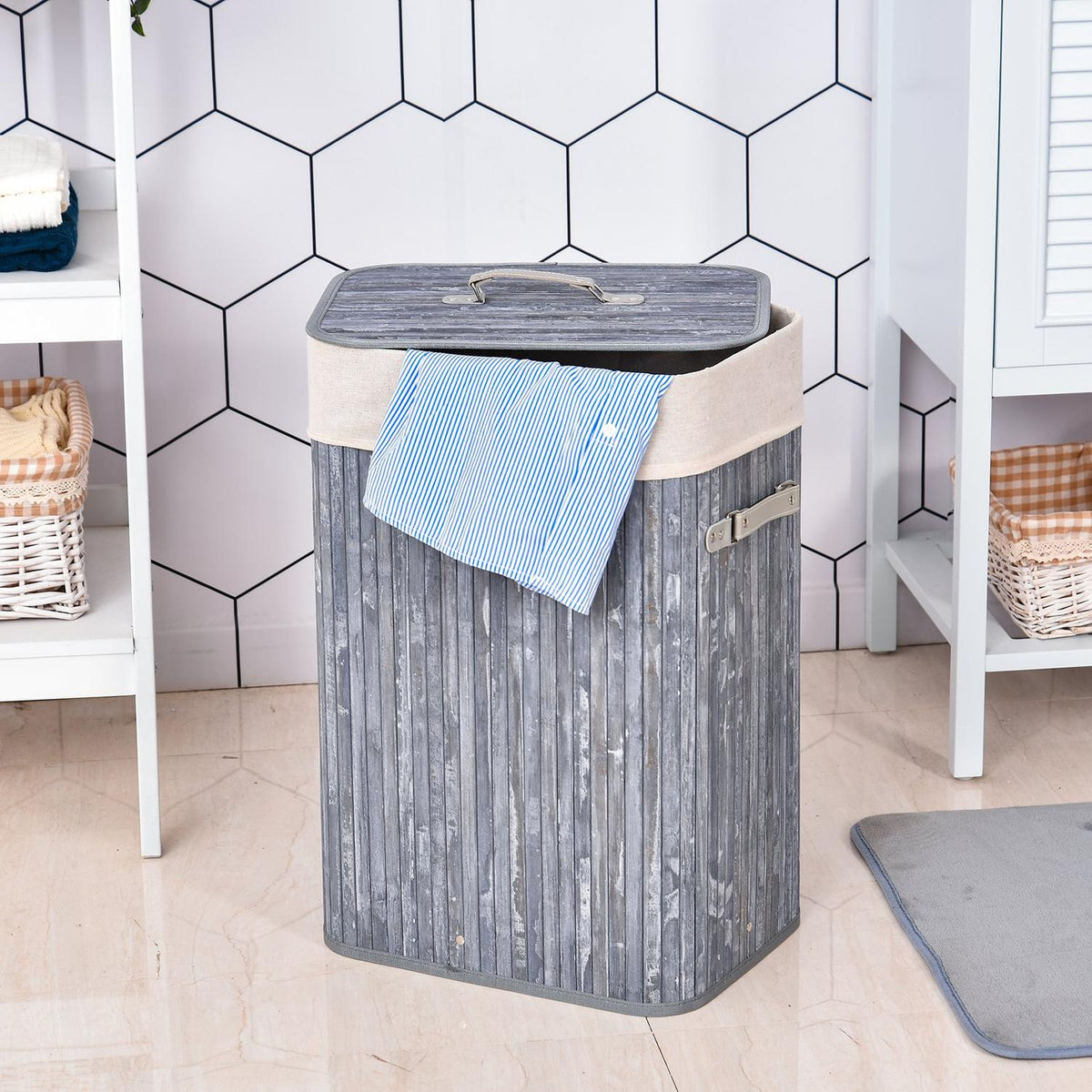 Laundry Basket With Lid 72L Laundry Hamper Foldable Washable Laundry Bag Bamboo With Handles Gray 40X30X60Cm