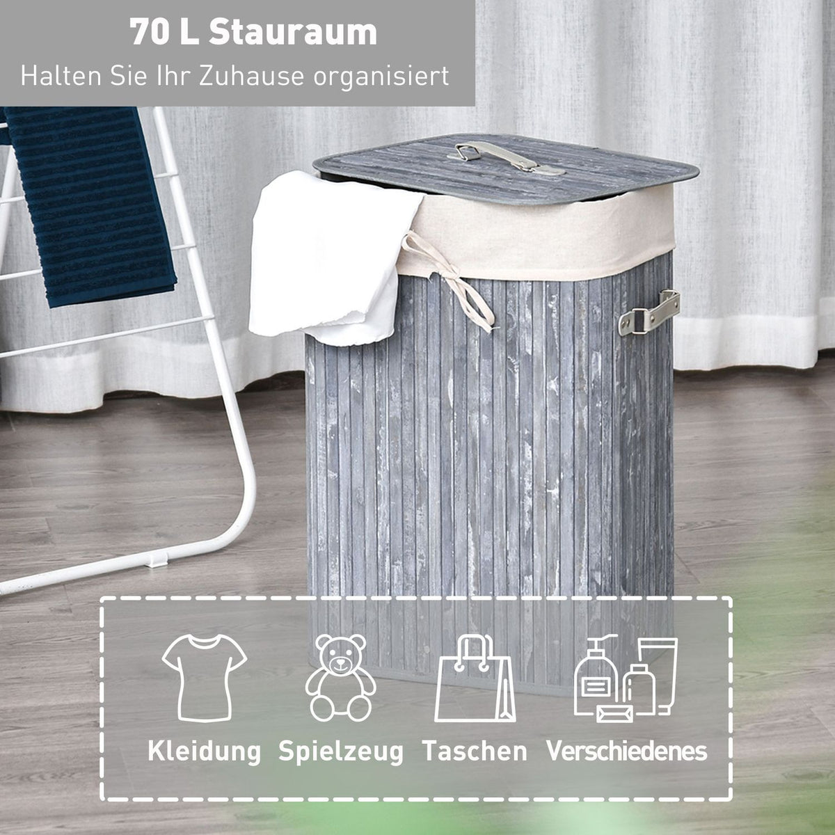 Laundry Basket With Lid 72L Laundry Hamper Foldable Washable Laundry Bag Bamboo With Handles Gray 40X30X60Cm