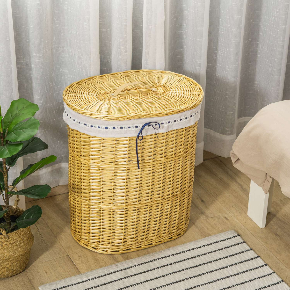 Laundry Basket With Lid Laundry Box Made Of Wicker, Natural, 100L, 51X38X57Cm