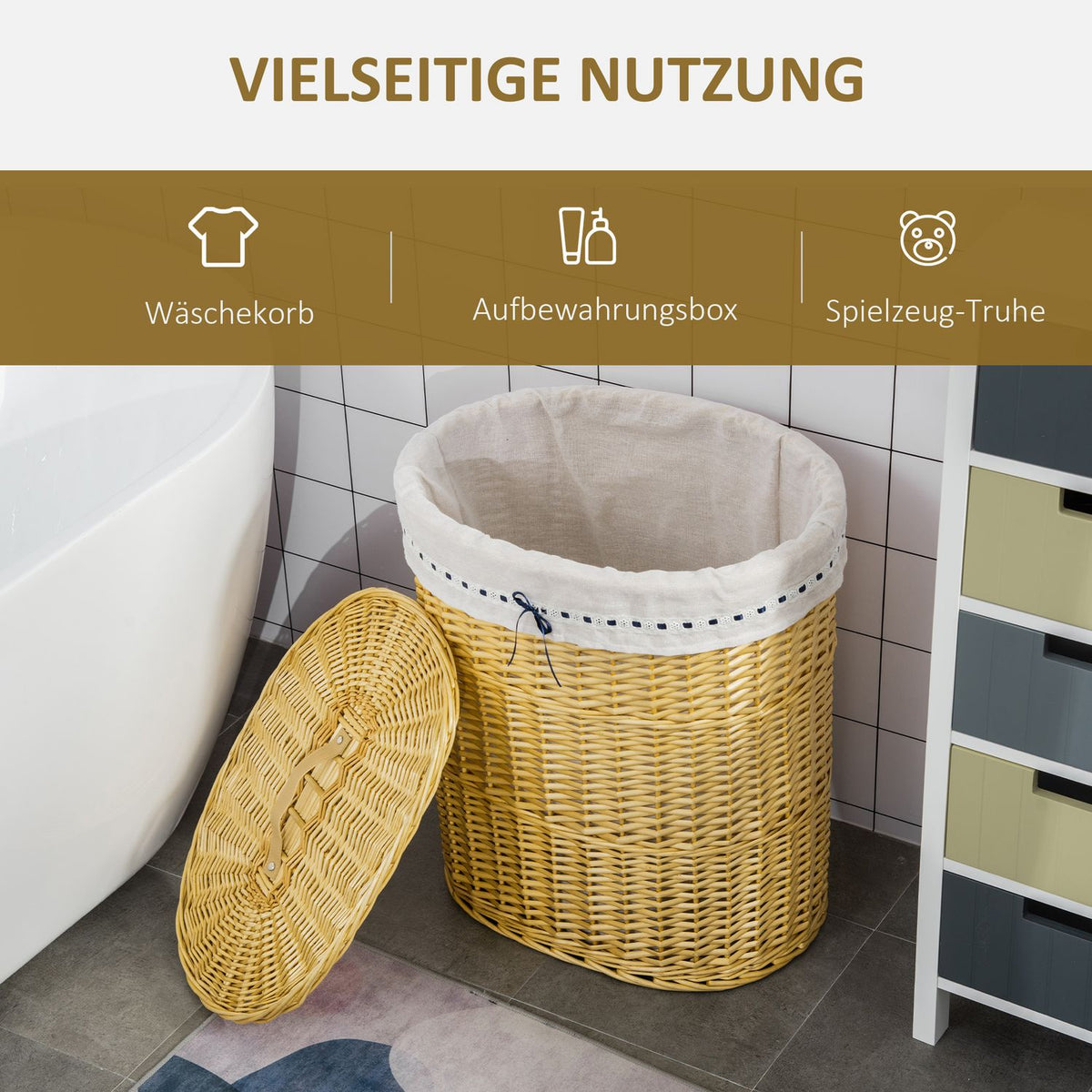 Laundry Basket With Lid Laundry Box Made Of Wicker, Natural, 100L, 51X38X57Cm