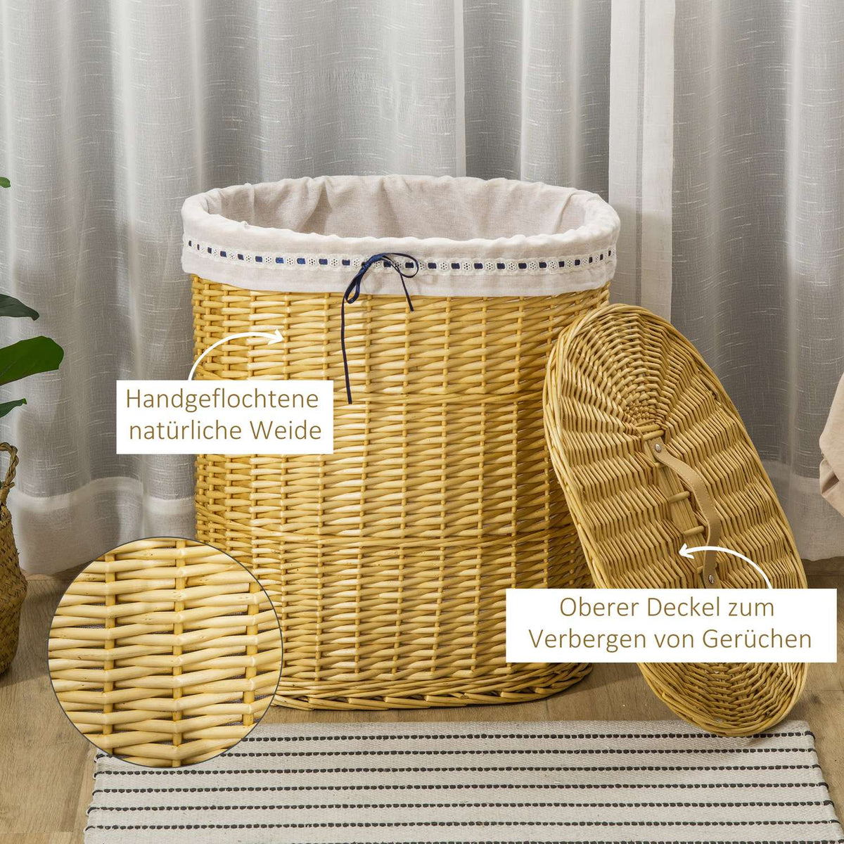 Laundry Basket With Lid Laundry Box Made Of Wicker, Natural, 100L, 51X38X57Cm