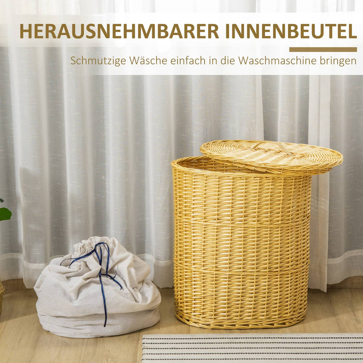 Laundry Basket With Lid Laundry Box Made Of Wicker, Natural, 100L, 51X38X57Cm