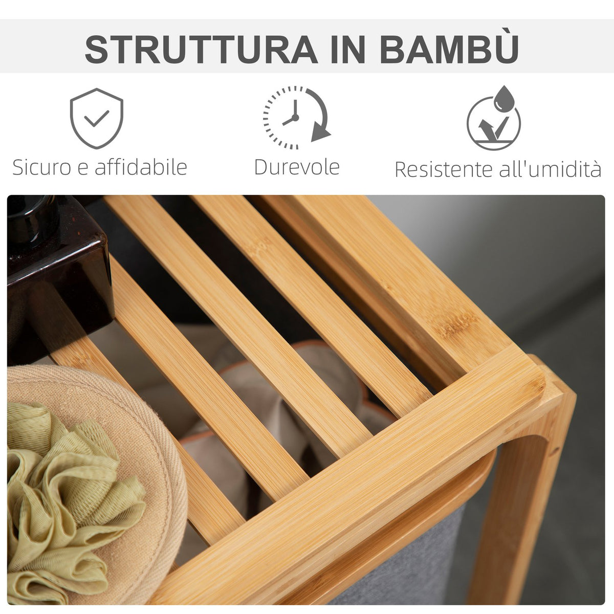Laundry Basket With Platform Bamboo Laundry Hamper With 3 Removable Laundry Bags, Laundry Sorter, Grey+Natural, 50X32X69.7Cm