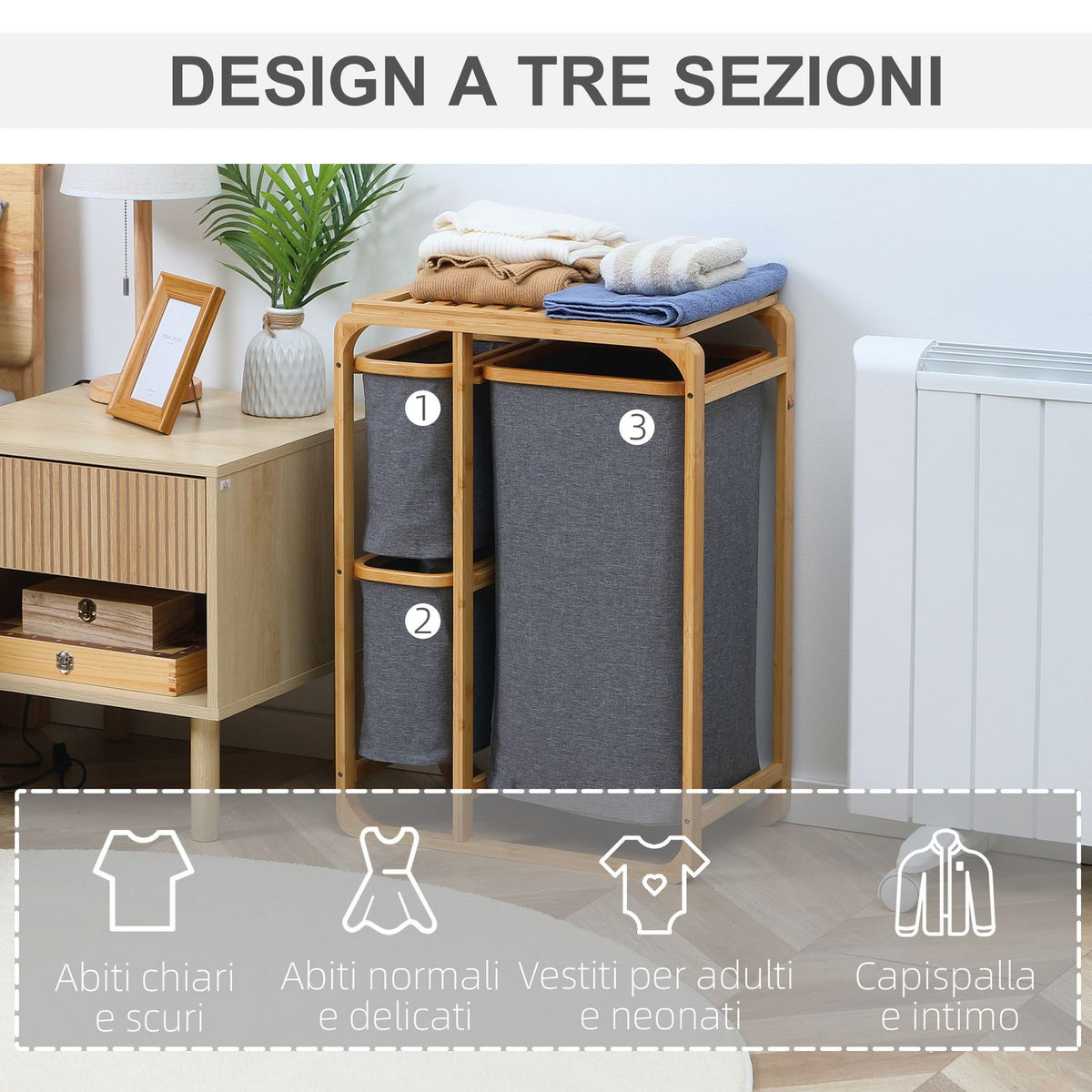 Laundry Basket With Platform Bamboo Laundry Hamper With 3 Removable Laundry Bags, Laundry Sorter, Grey+Natural, 50X32X69.7Cm