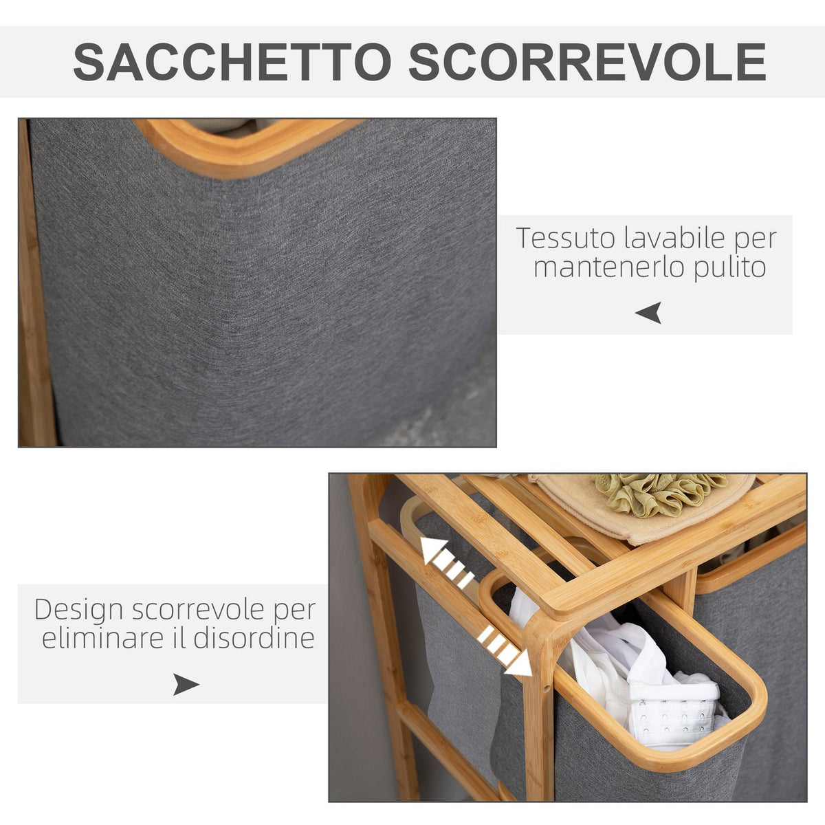 Laundry Basket With Platform Bamboo Laundry Hamper With 3 Removable Laundry Bags, Laundry Sorter, Grey+Natural, 50X32X69.7Cm