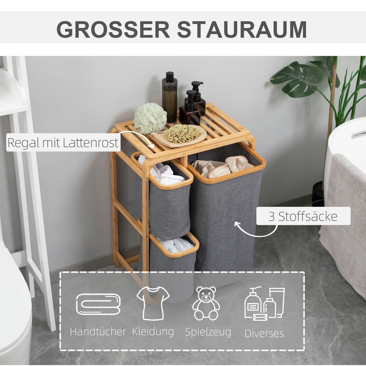 Laundry Basket With Platform Bamboo Laundry Hamper With 3 Removable Laundry Bags, Laundry Sorter, Grey+Natural, 50X32X69.7Cm