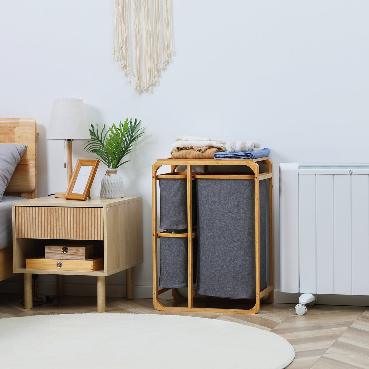 Laundry Basket With Platform Bamboo Laundry Hamper With 3 Removable Laundry Bags, Laundry Sorter, Grey+Natural, 50X32X69.7Cm