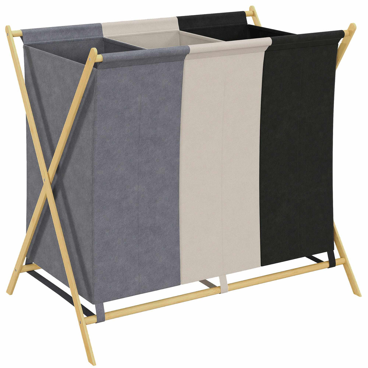 Laundry Hamper with 3 Compartments, 129L, Foldable, Bamboo Frame