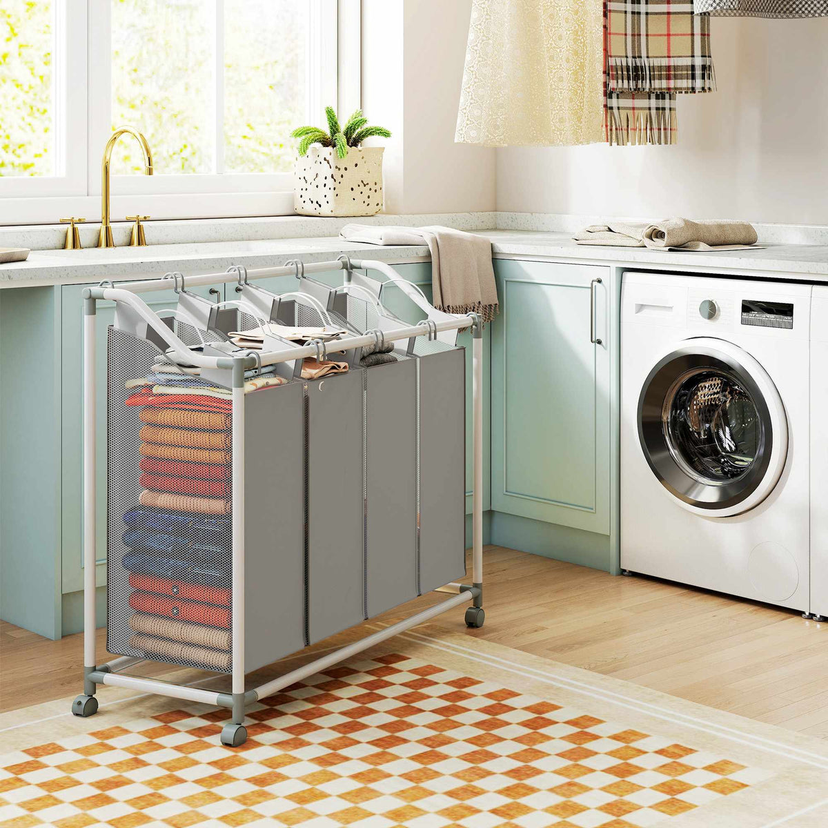 Laundry Hamper with 4 Removable Bags, 160L, Wheels, Grey