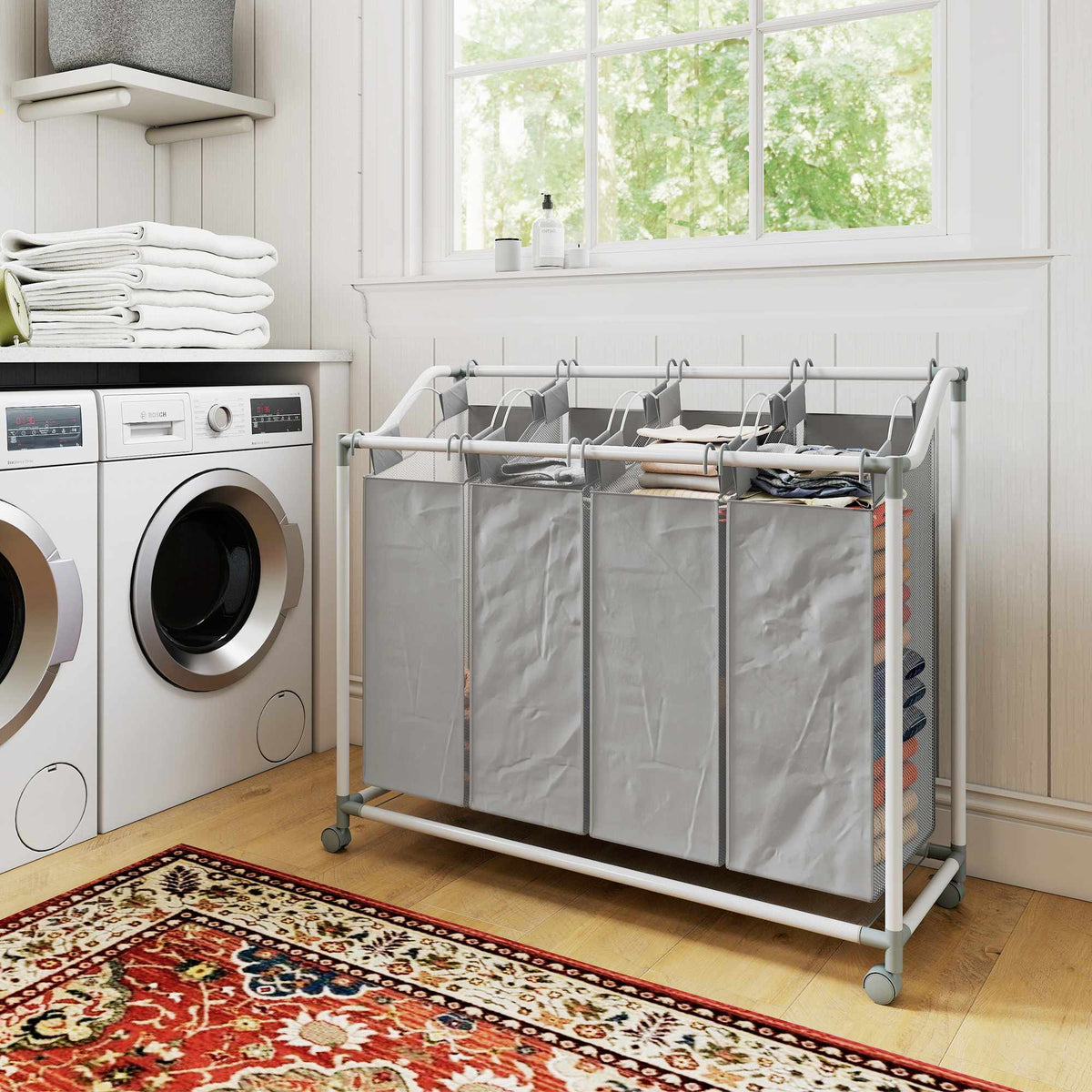 Laundry Hamper with 4 Removable Bags, 160L, Wheels, Grey