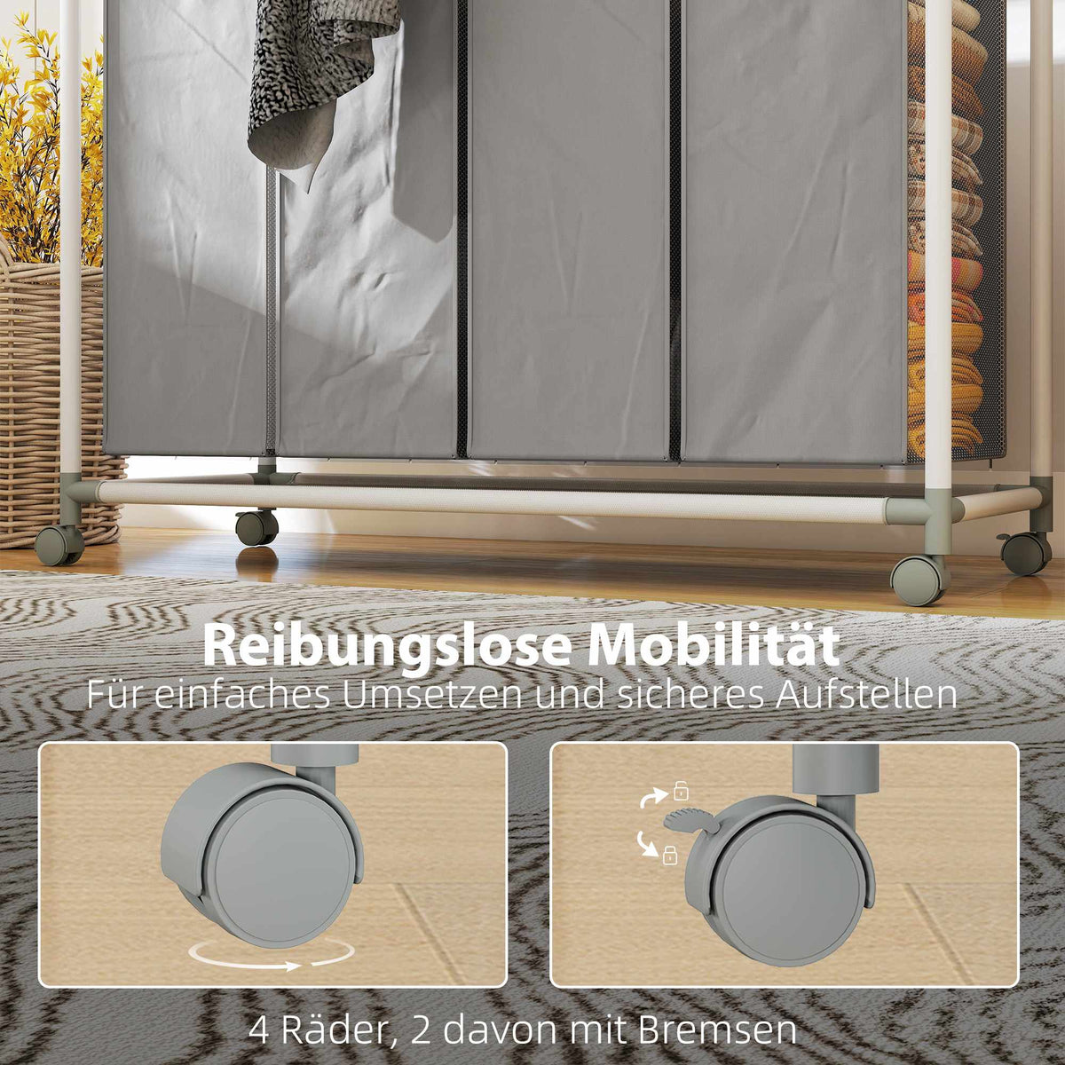 Laundry Hamper with 4 Removable Bags, 160L, Wheels, Grey
