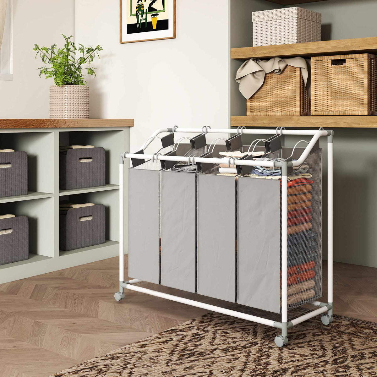 Laundry Hamper with 4 Removable Bags, 160L, Wheels, Grey
