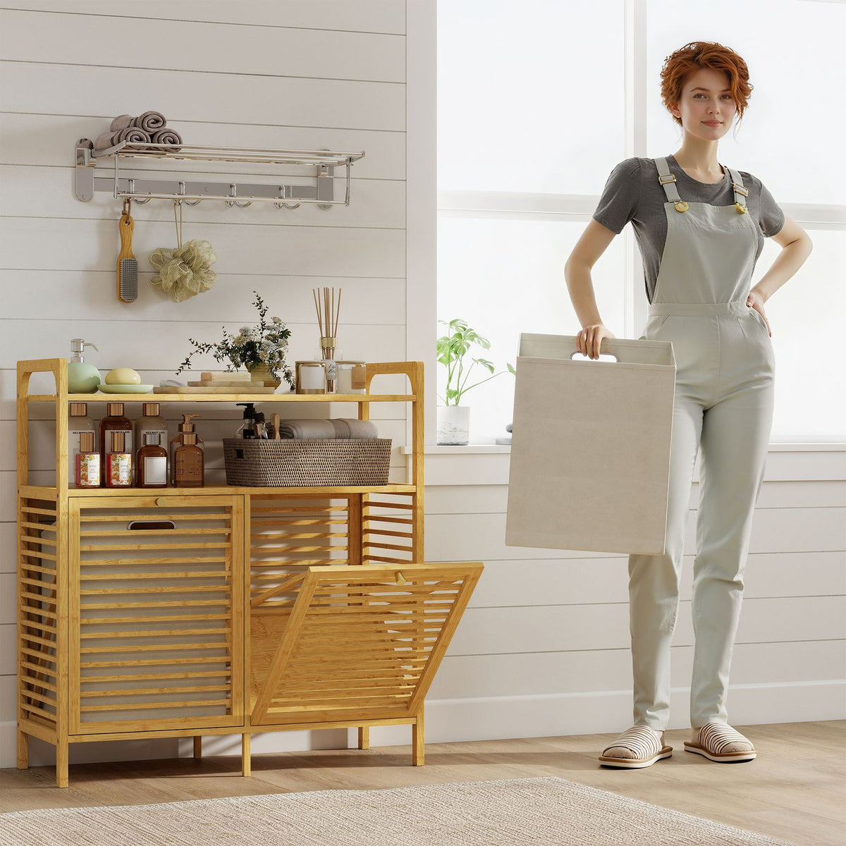 Laundry Rack with 2 Baskets, Freestanding Bamboo