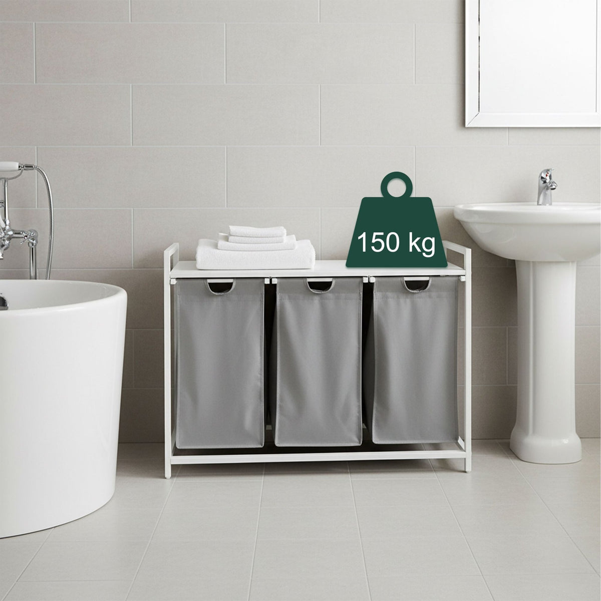 Laundry Sorter, 3 Removable Bags, Wood-Effect Shelf