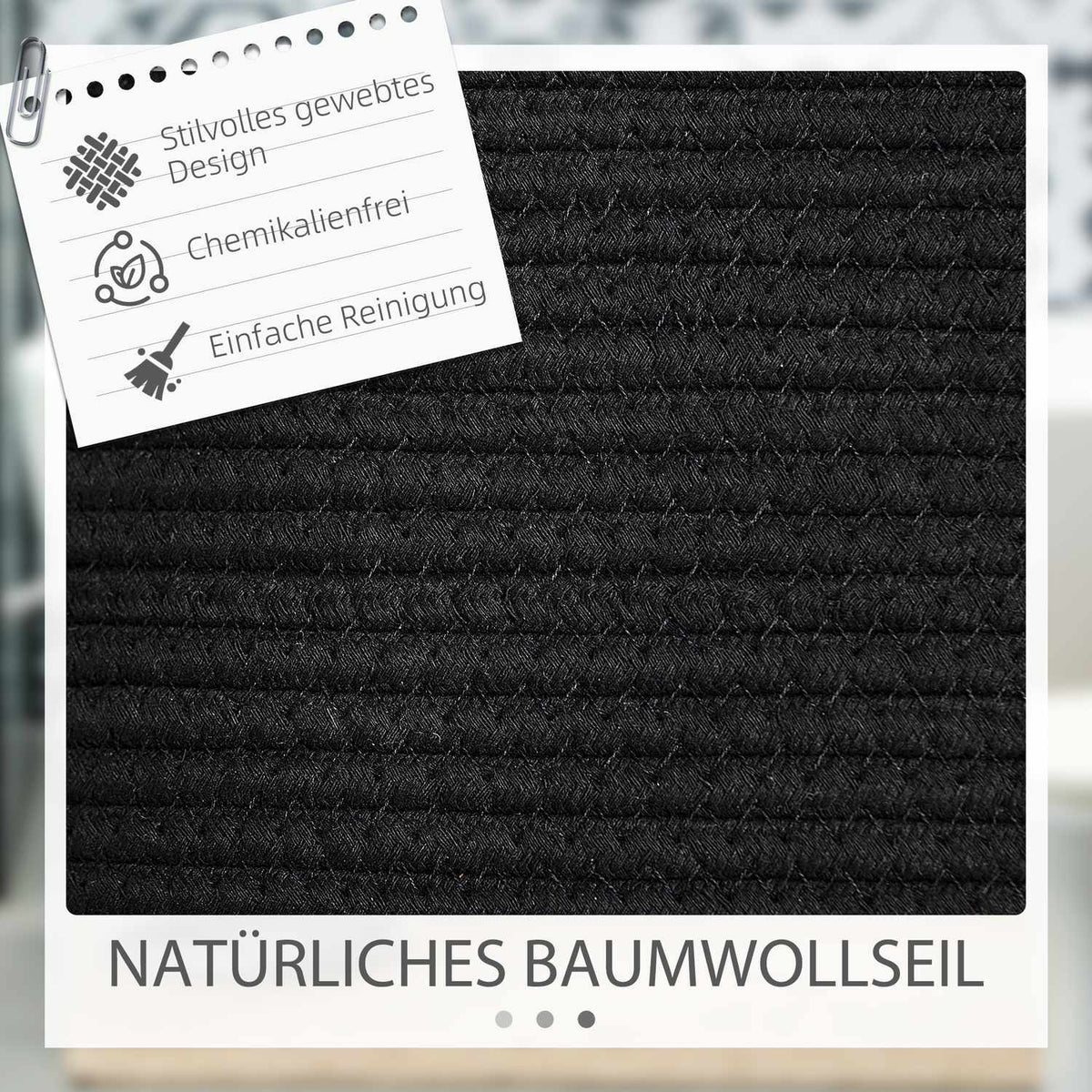 Laundry bag, 88L, portable, foldable, faux leather handles, cotton, Ø56 x 35.5H cm, black