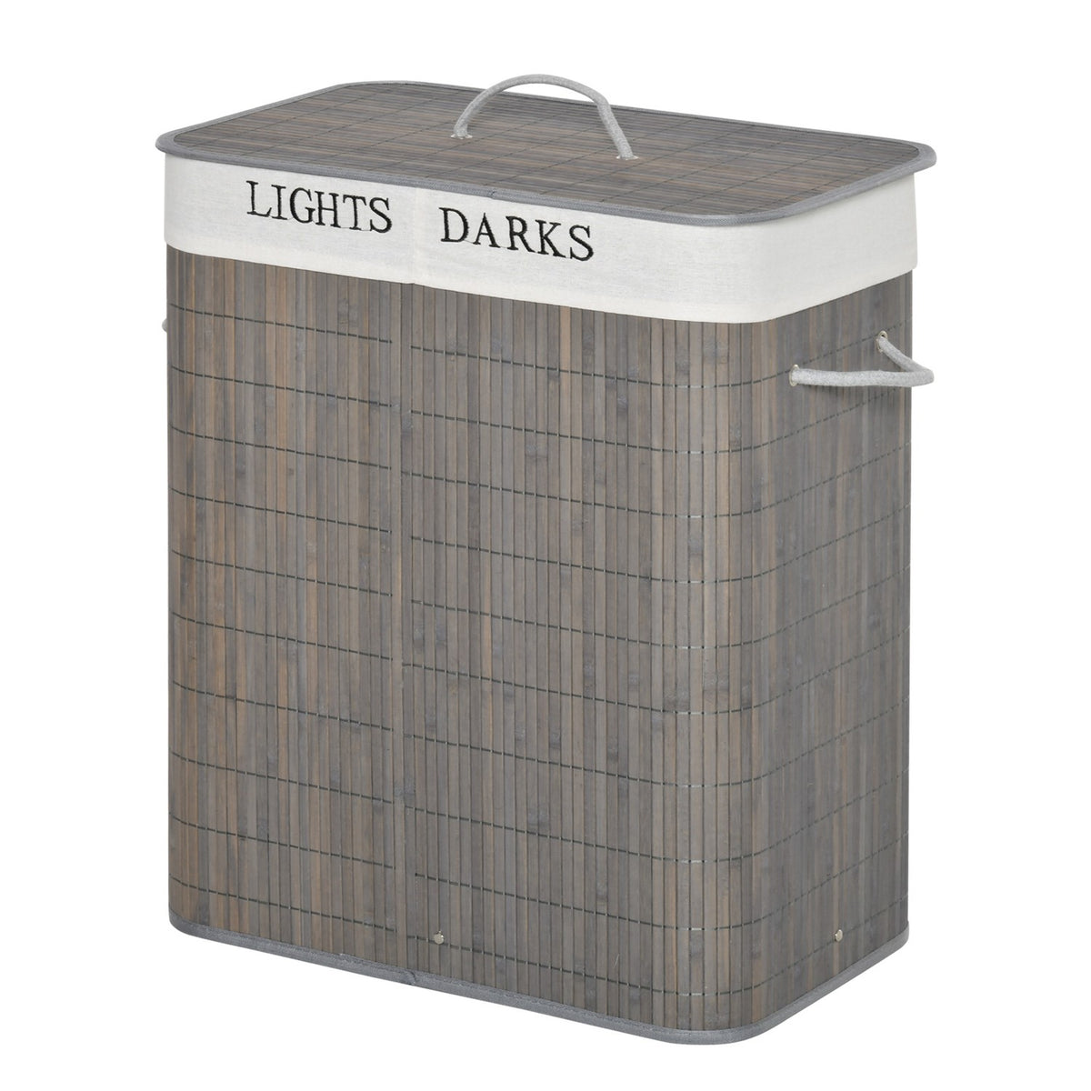 Laundry basket 100L with 2 compartments made of bamboo, folding lid with handle, removable and washable bag in gray