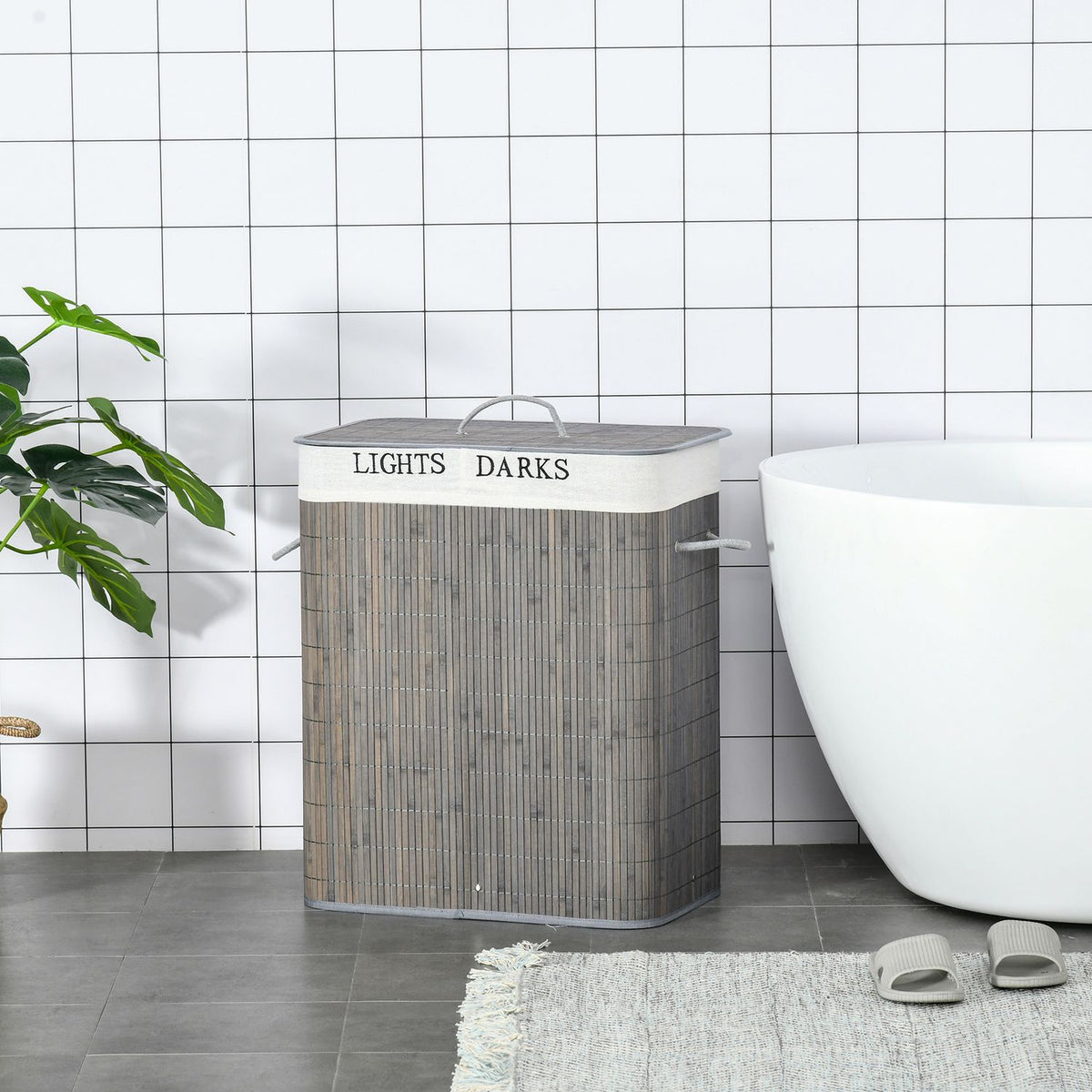 Laundry basket 100L with 2 compartments made of bamboo, folding lid with handle, removable and washable bag in gray