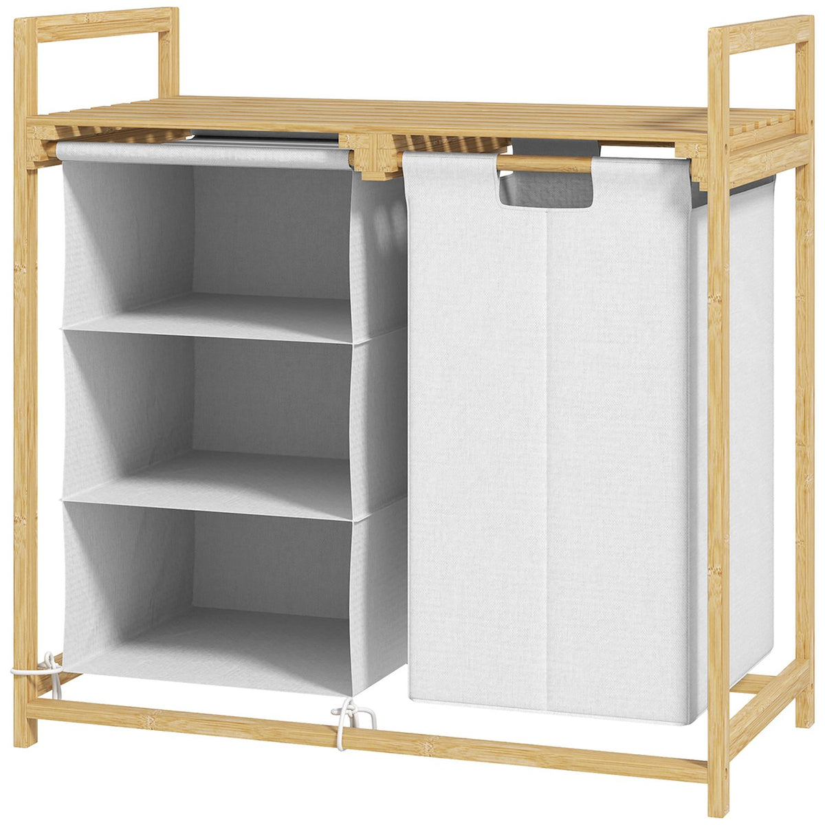 Laundry basket 4 compartments laundry collector with 2 pull-out & removable laundry bags made of non-woven fabric, shelf 83L laundry box with handle laundry sorter 70 x 36 x 70 cm bamboo white