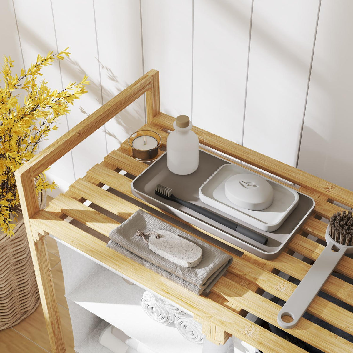 Laundry basket 4 compartments laundry collector with 2 pull-out & removable laundry bags made of non-woven fabric, shelf 83L laundry box with handle laundry sorter 70 x 36 x 70 cm bamboo white