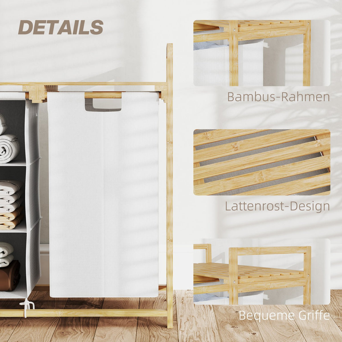 Laundry basket 4 compartments laundry collector with 2 pull-out & removable laundry bags made of non-woven fabric, shelf 83L laundry box with handle laundry sorter 70 x 36 x 70 cm bamboo white