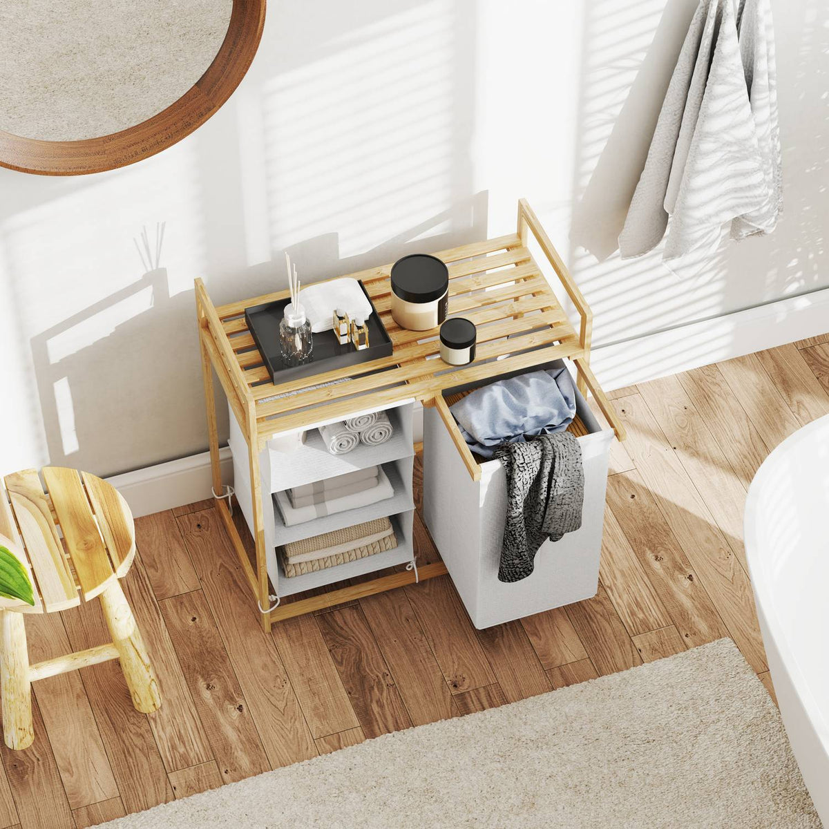 Laundry basket 4 compartments laundry collector with 2 pull-out & removable laundry bags made of non-woven fabric, shelf 83L laundry box with handle laundry sorter 70 x 36 x 70 cm bamboo white