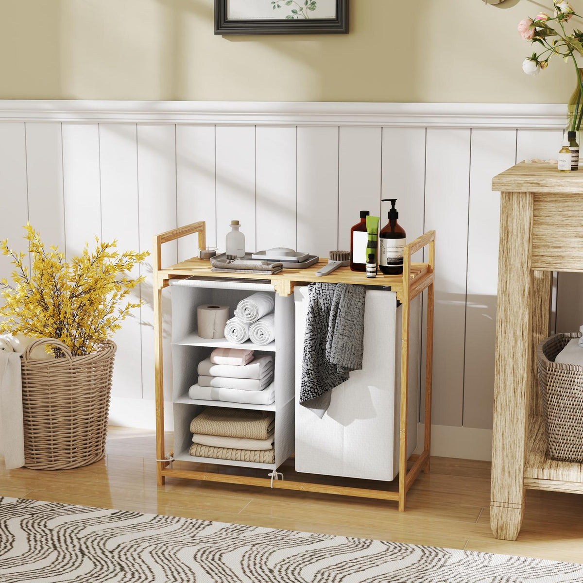 Laundry basket 4 compartments laundry collector with 2 pull-out & removable laundry bags made of non-woven fabric, shelf 83L laundry box with handle laundry sorter 70 x 36 x 70 cm bamboo white